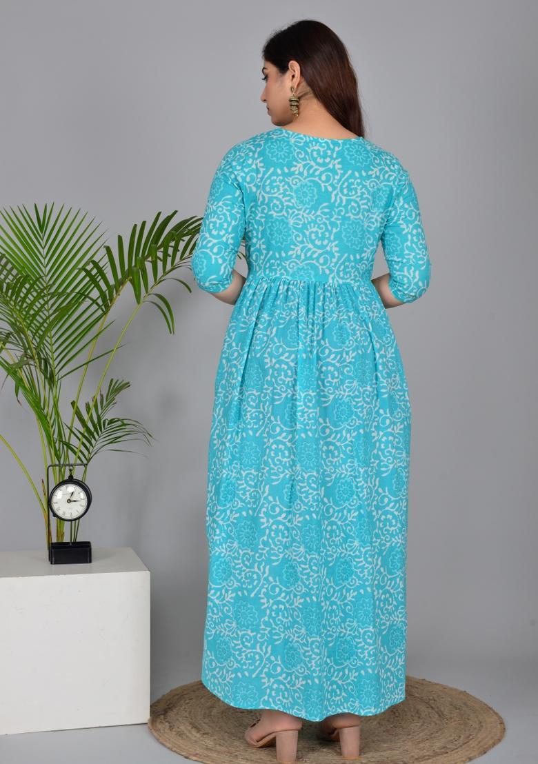 Blue Printed Cotton Maternity Maxi Dress - Indya