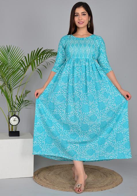Blue Printed Cotton Maternity Maxi Dress