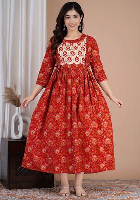 Red Printed Cotton Maternity Maxi Dress