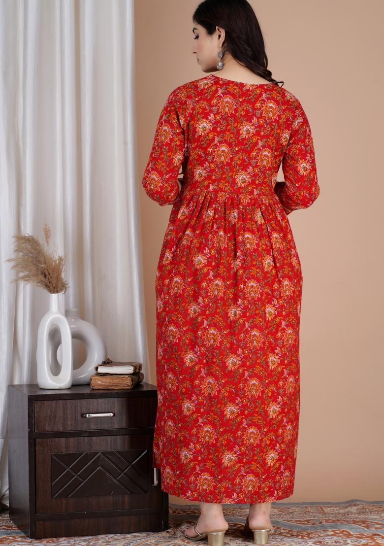Red Printed Cotton Maternity Maxi Dress - Indya