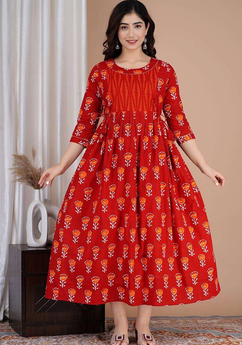 Red Maternity Maxi Cotton Dress with Printed for Diwali | Wedding & Festive Wear - Indya