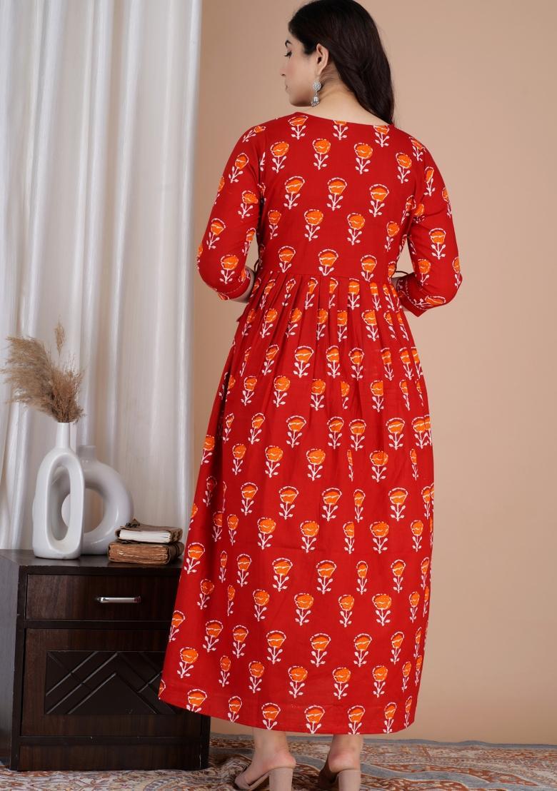 Red Printed Cotton Maternity Maxi Dress - Indya
