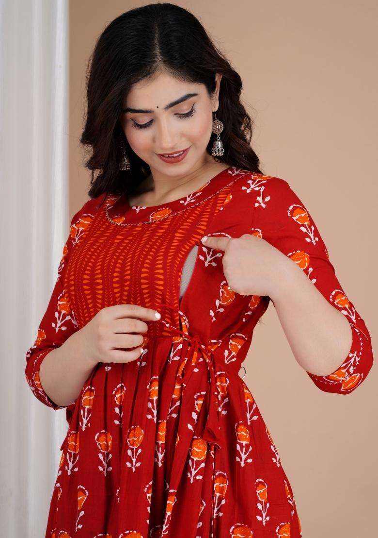 Red Maternity Maxi Cotton Dress with Printed for Diwali | Wedding & Festive Wear - Indya