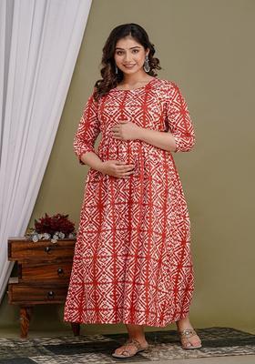 Red Printed Cotton Maternity Maxi Dress