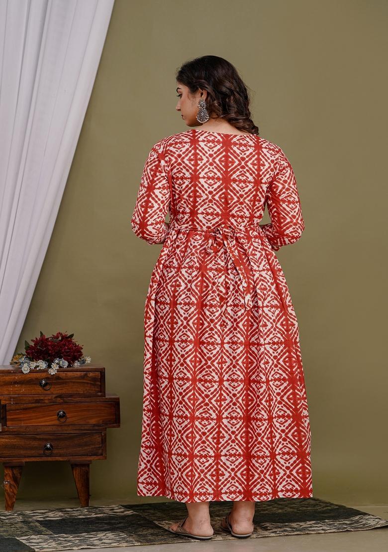 Red Printed Cotton Maternity Maxi Dress - Indya