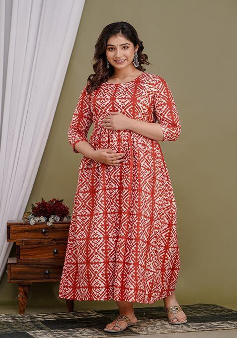 Red Printed Cotton Maternity Maxi Dress