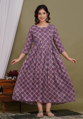 Purple Printed Cotton Maternity Maxi Dress