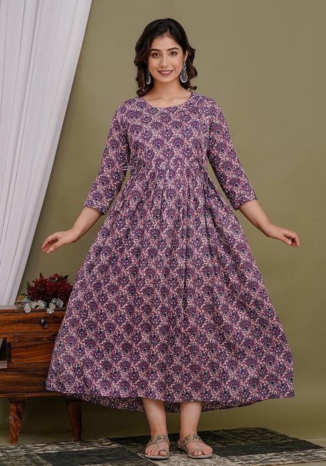 Purple Printed Cotton Maternity Maxi Dress