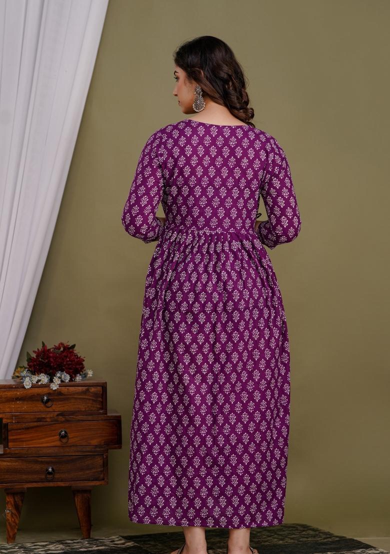 Purple Printed Cotton Maternity Maxi Dress - Indya