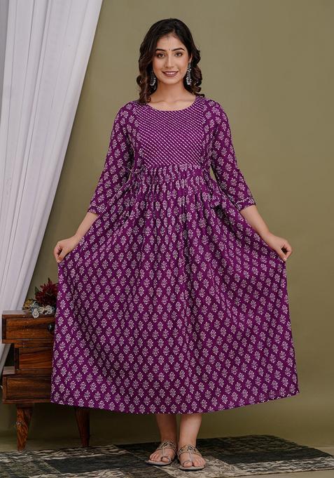 Purple Printed Cotton Maternity Maxi Dress