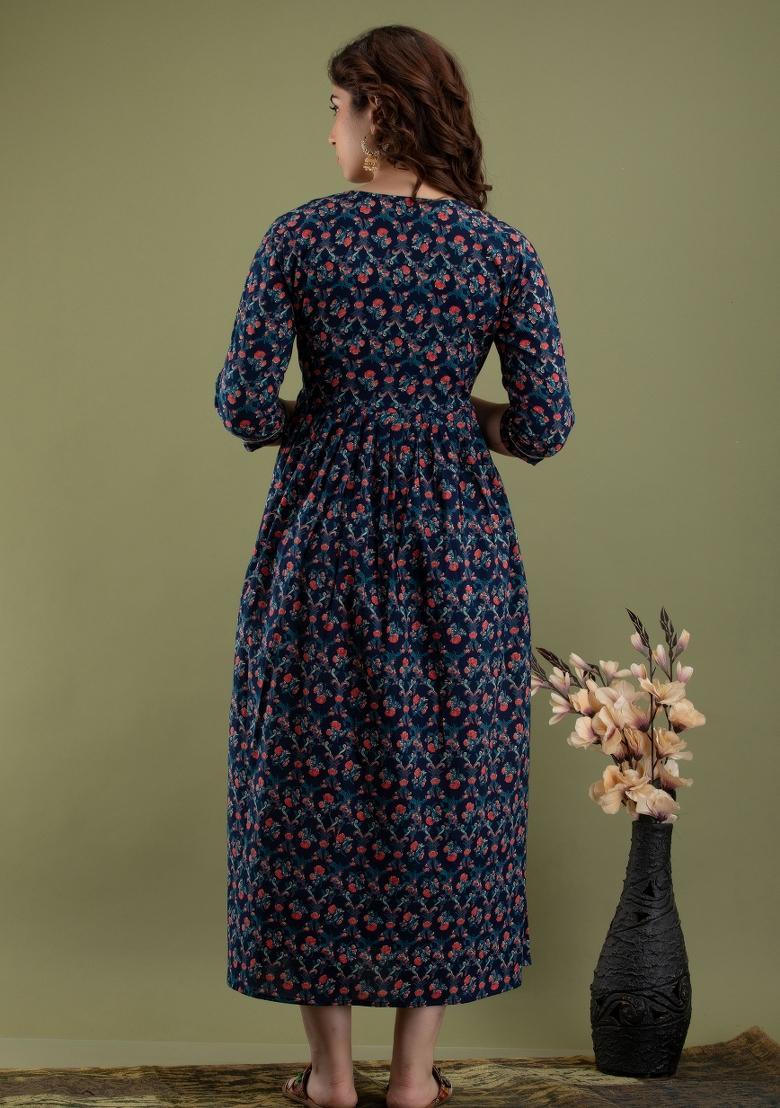 Black Printed Cotton Maternity Maxi Dress - Indya