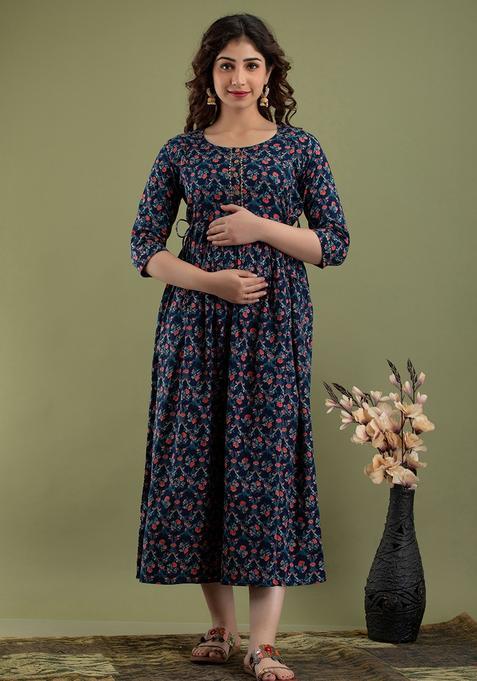 Black Printed Cotton Maternity Maxi Dress
