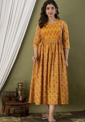 Yellow Printed Cotton Maternity Maxi Dress