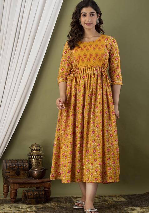 Yellow Printed Cotton Maternity Maxi Dress