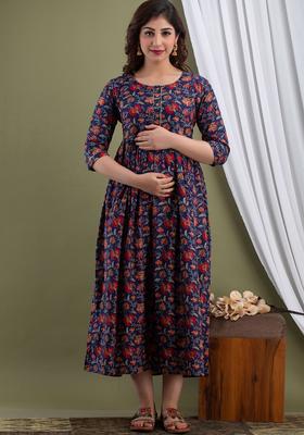 Black Printed Cotton Maternity Maxi Dress