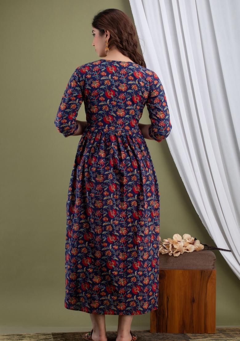 Black Printed Cotton Maternity Maxi Dress - Indya