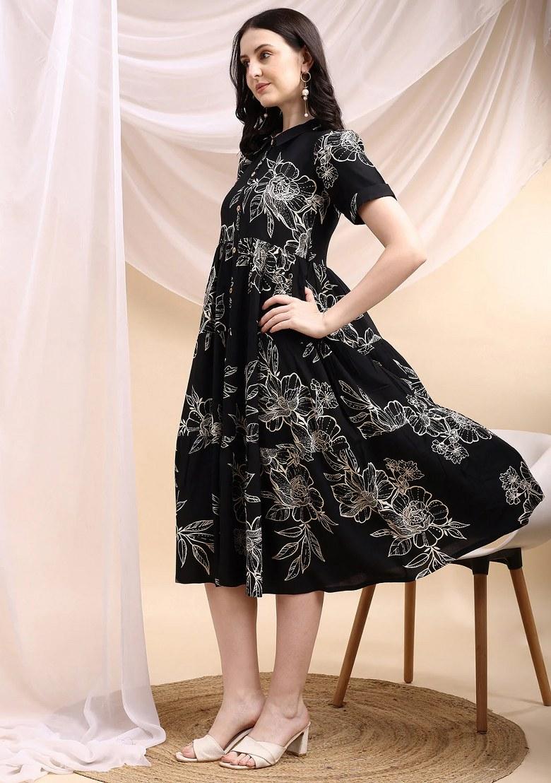 Black Embroidery Rayon Dress - Indya