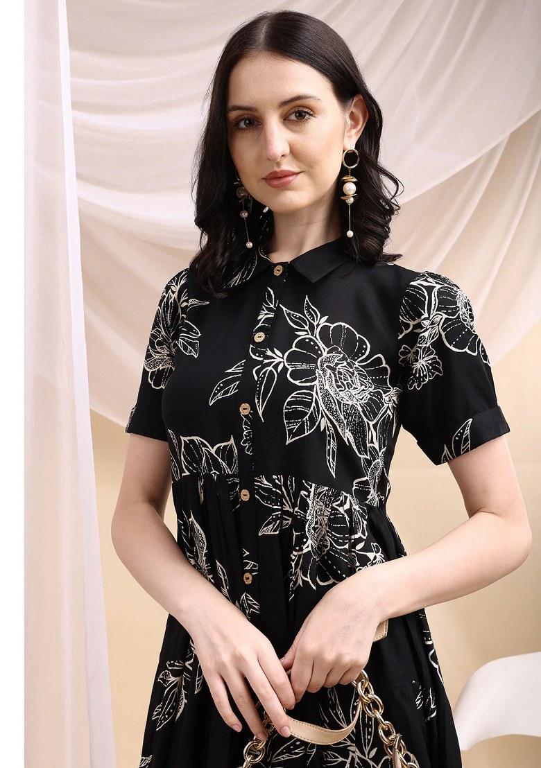 Black Embroidery Rayon Dress - Indya