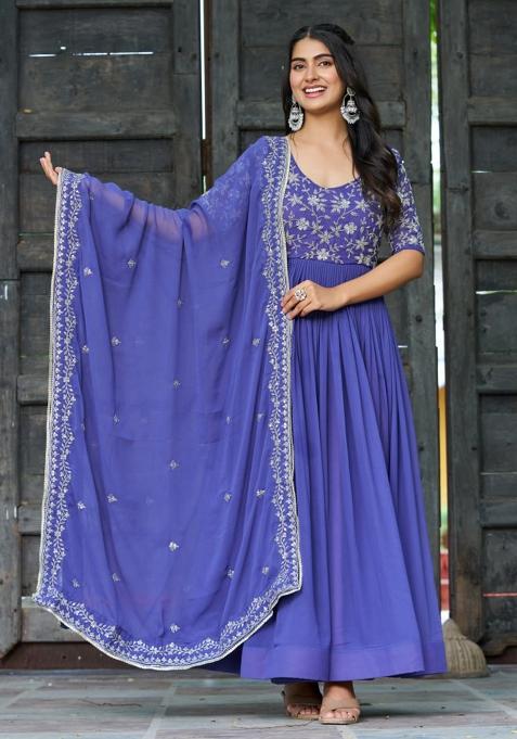 Blue Embroidery Faux Blooming Gown