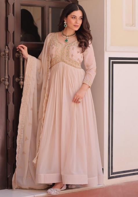 Cream Embroidery Georgette Gown