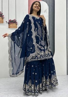 Blue Embroidered Georgette Sharara Set