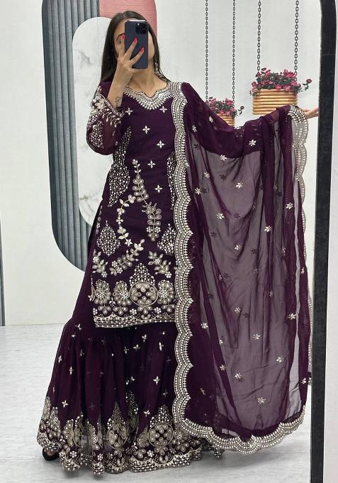 Wine Embroidery Georgette Ethnic Dress
