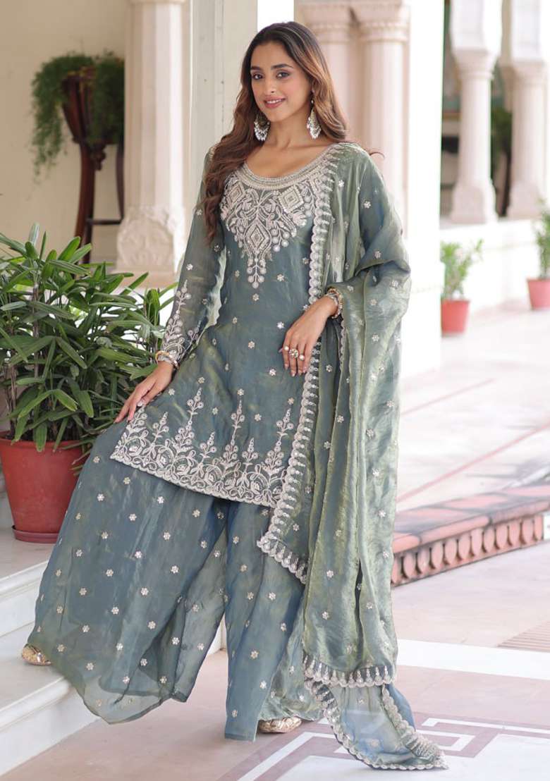 Teal Blue Embroidery Fendi Ethnic Dress - Indya