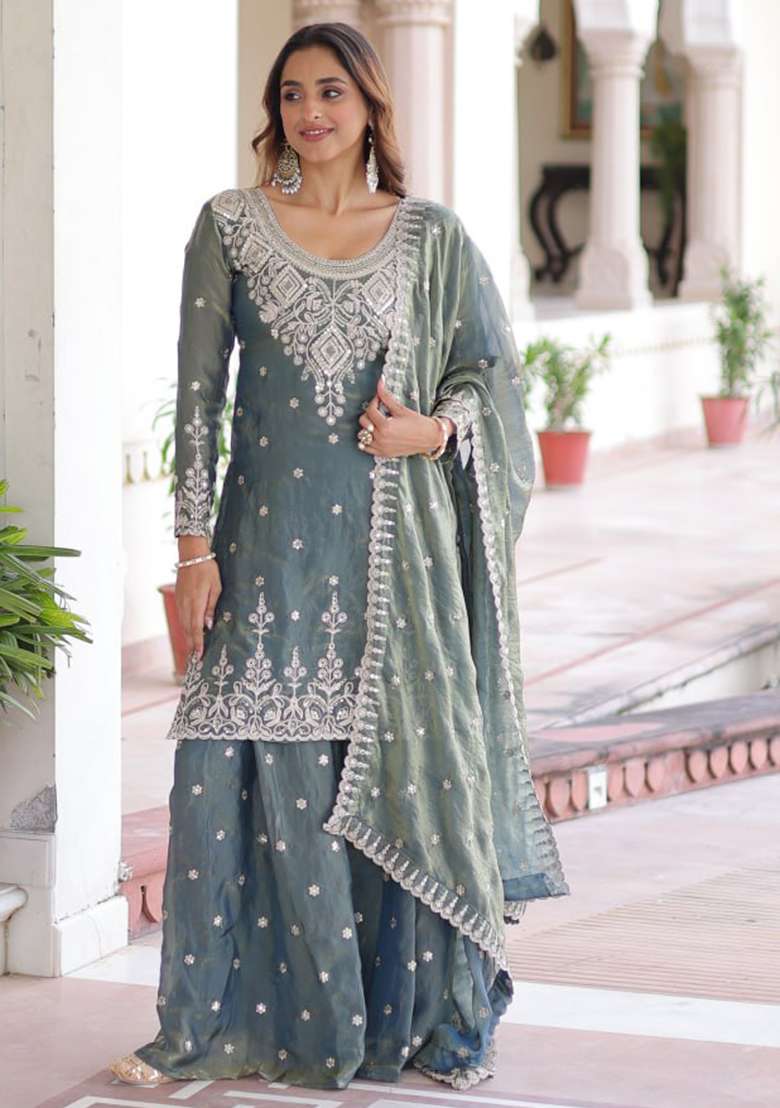 Teal Blue Embroidery Fendi Ethnic Dress - Indya