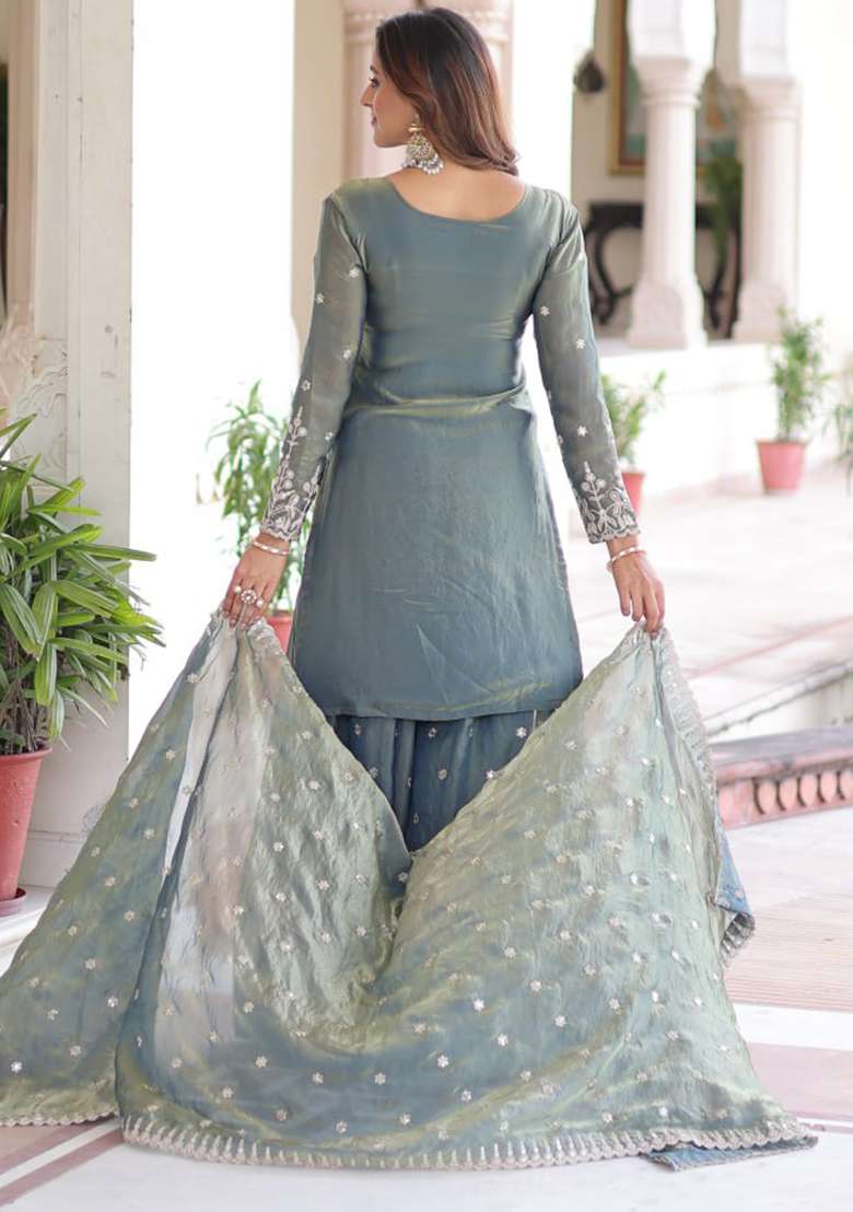 Teal Blue Embroidery Fendi Ethnic Dress - Indya