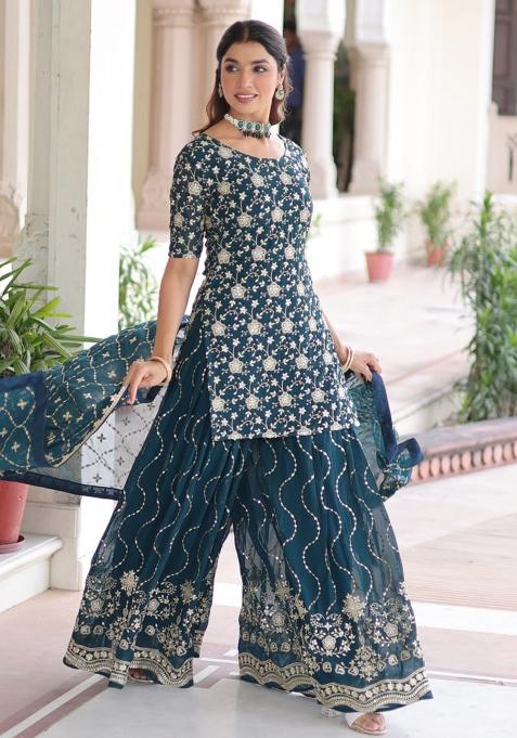 Blue Embroidery Faux Blooming Ethnic Dress