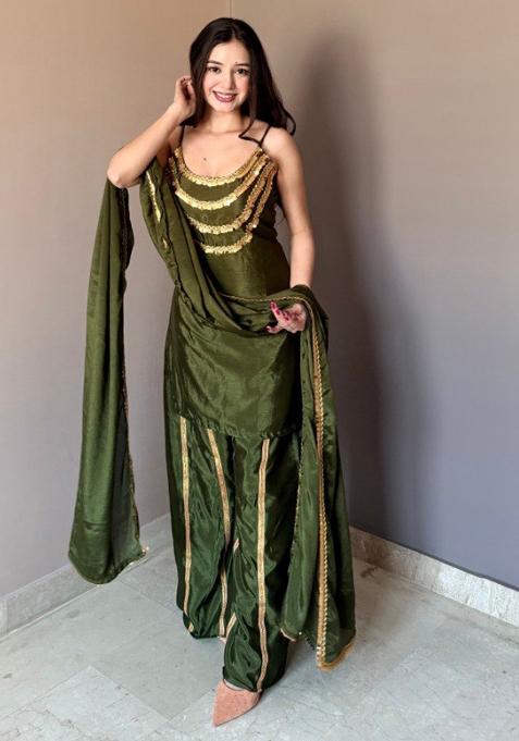 Green Lace Work Chinon Ethnic Dress