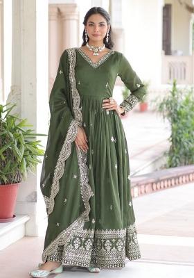 Mehandi Embroidery Silk Gown