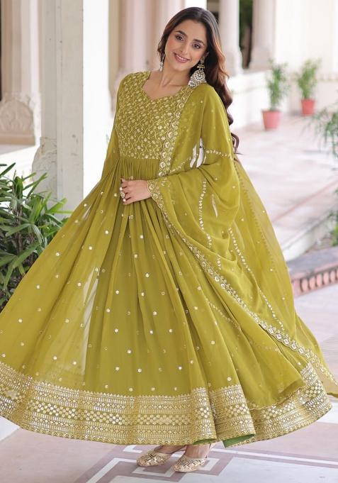 Mehandi Green Embroidery Faux Blooming Gown