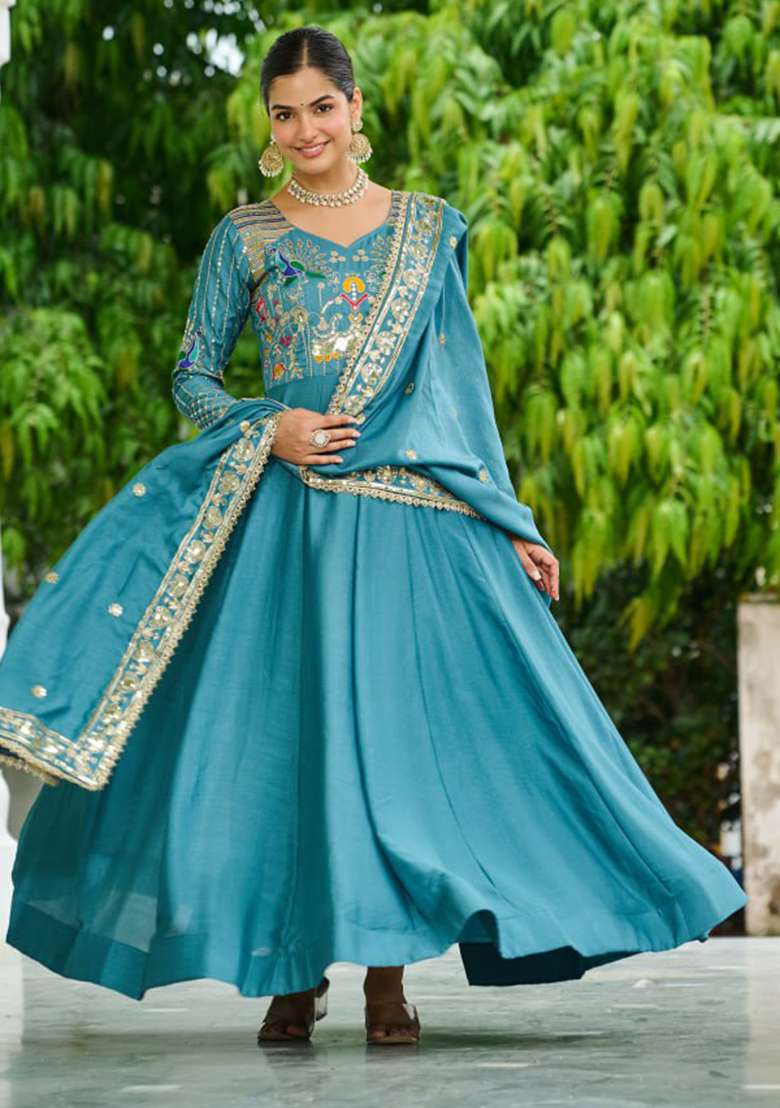 Sky Blue Embroidery Silk Gown - Indya