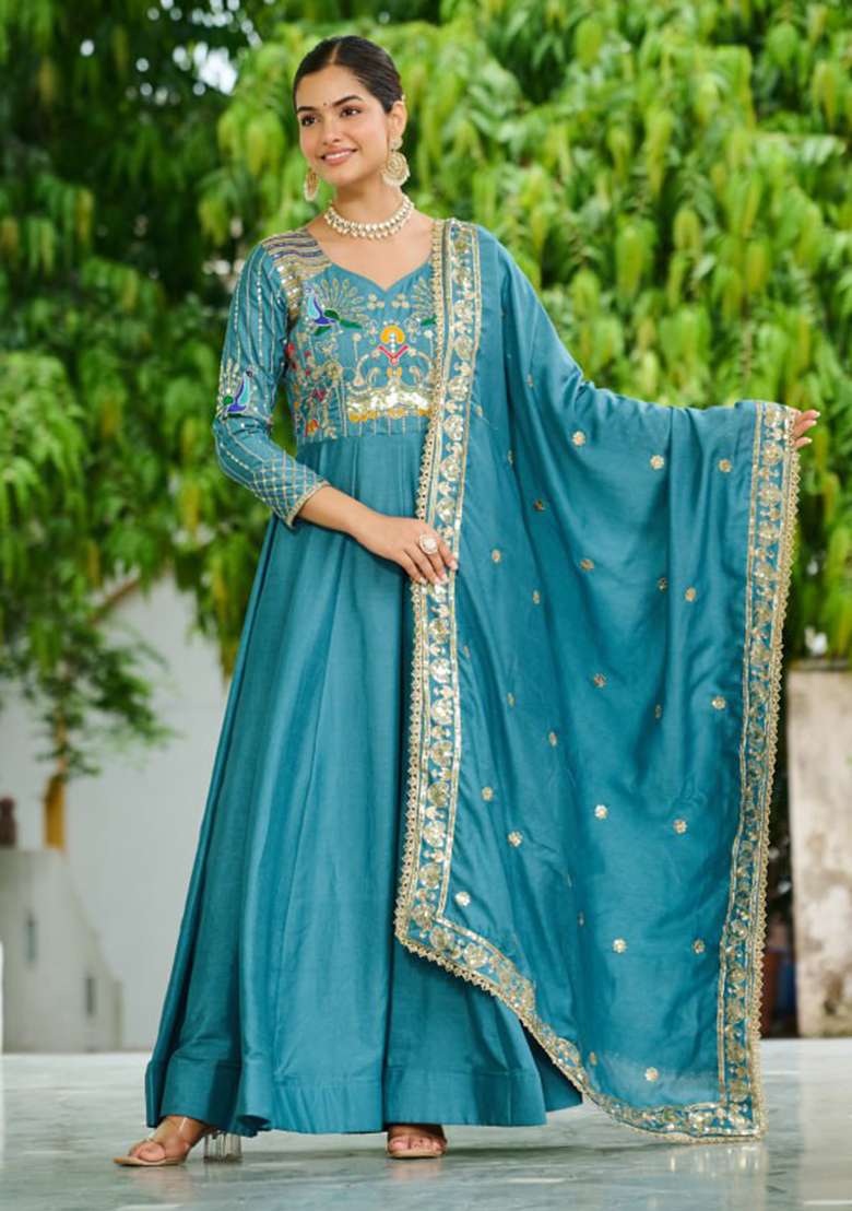 Sky Blue Embroidery Silk Gown - Indya