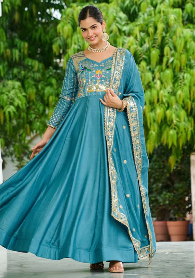 Sky Blue Embroidery Silk Gown - Indya