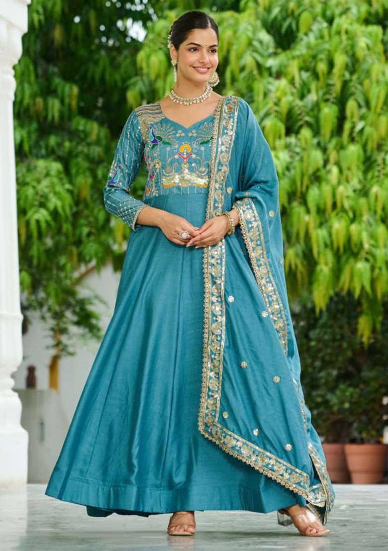 Sky Blue Embroidery Silk Gown - Indya