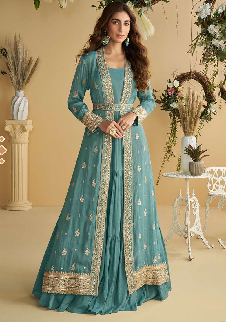 Teal Embroidered Silk Blend Sharara Set - Indya