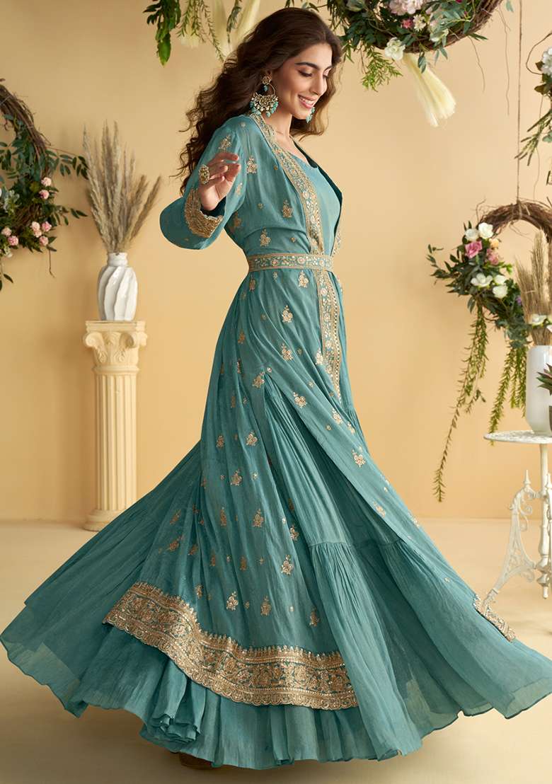 Teal Embroidered Silk Blend Sharara Set - Indya