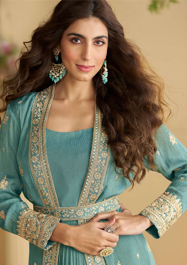 Teal Embroidered Silk Blend Sharara Set - Indya