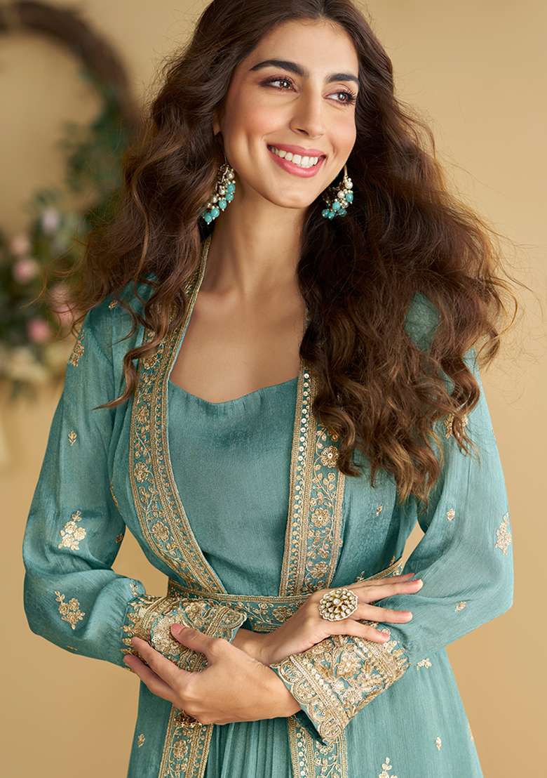 Teal Embroidered Silk Blend Sharara Set - Indya