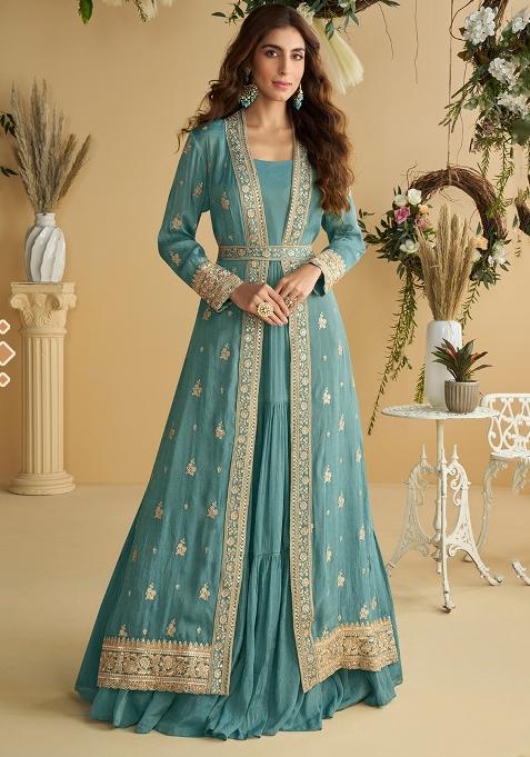 Teal Embroidery Silk Gown
