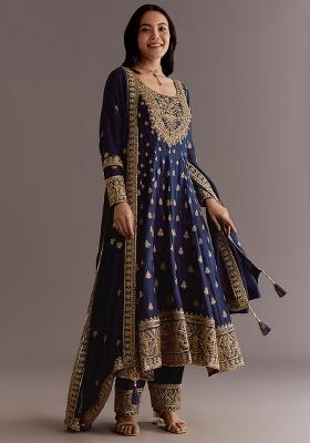Blue Embroidered Chinon Anarkali Set