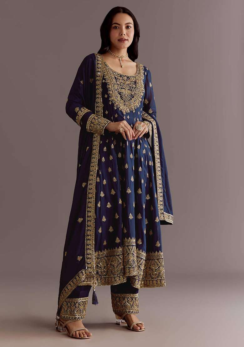 Blue Embroidered Chinon Anarkali Set - Indya