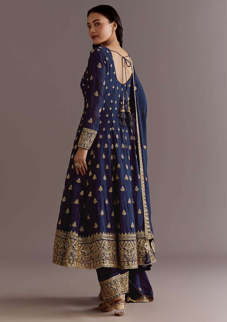 Blue Embroidered Chinon Anarkali Set - Indya