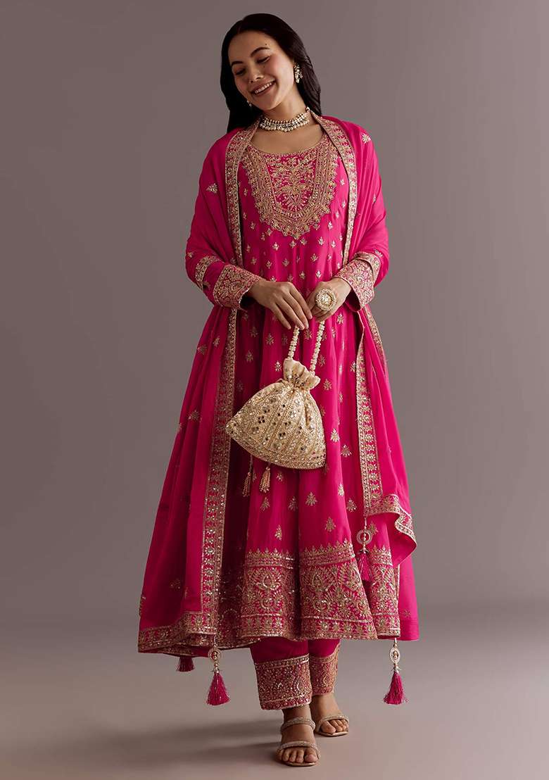 Pink Embroidered Chinon Anarkali Set - Indya