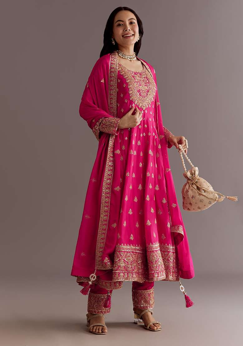 Pink Embroidered Chinon Anarkali Set - Indya