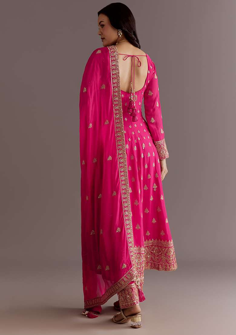 Pink Embroidered Chinon Anarkali Set - Indya