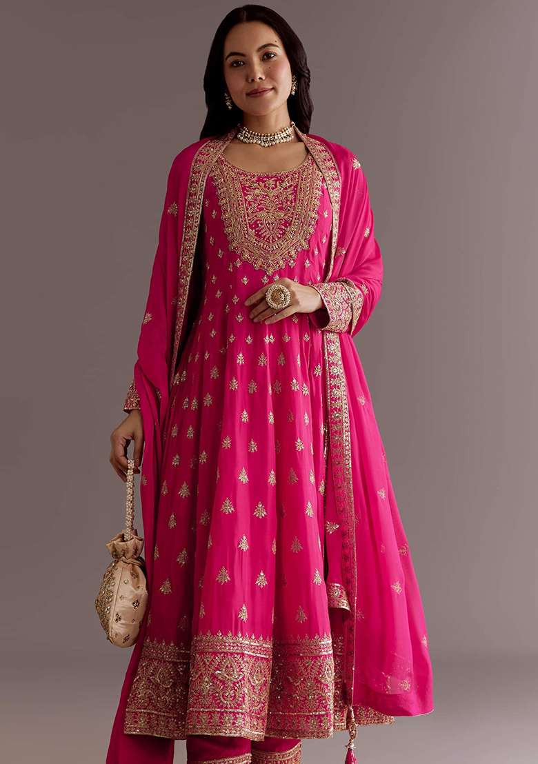 Pink Embroidered Chinon Anarkali Set - Indya
