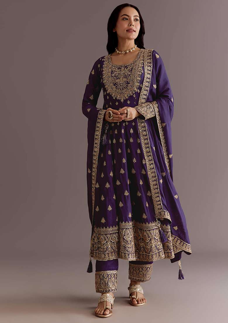 Purple Embroidered Chinon Anarkali Set - Indya